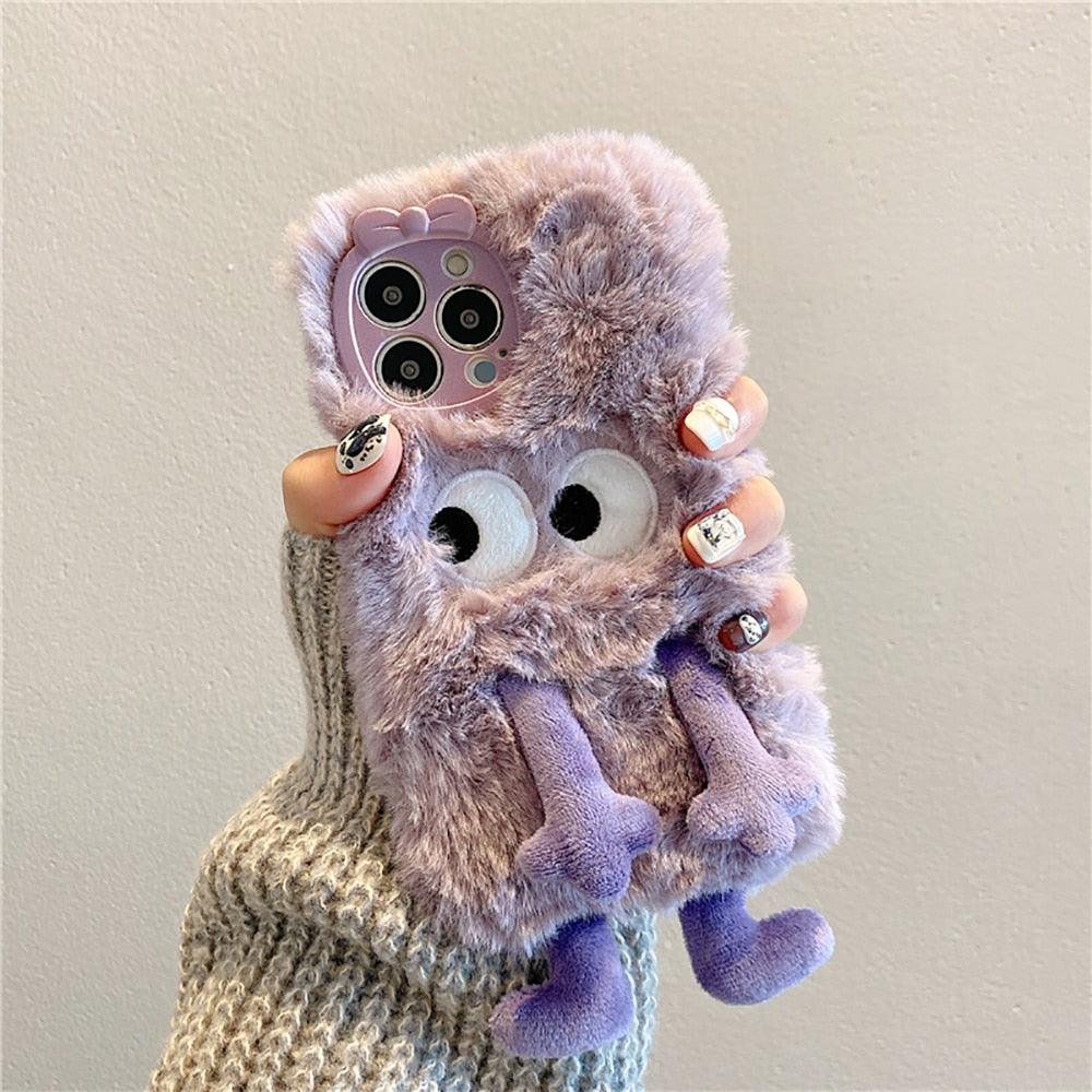 3D Cute Hairy Fluffy Fur Plush Winter Warm Phone Case For iPhone 14 13 12 11 Pro Max Plus Soft Cartoon Back Cover Cute Fuzzy Furry Case Fashion Luxury Case
