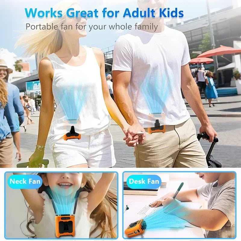 Portable Waist Fan Rechargeable Cooling Fan with Flashlight Neck Hands-Free for Outdoor Indoor Camping Travel As Power Bank