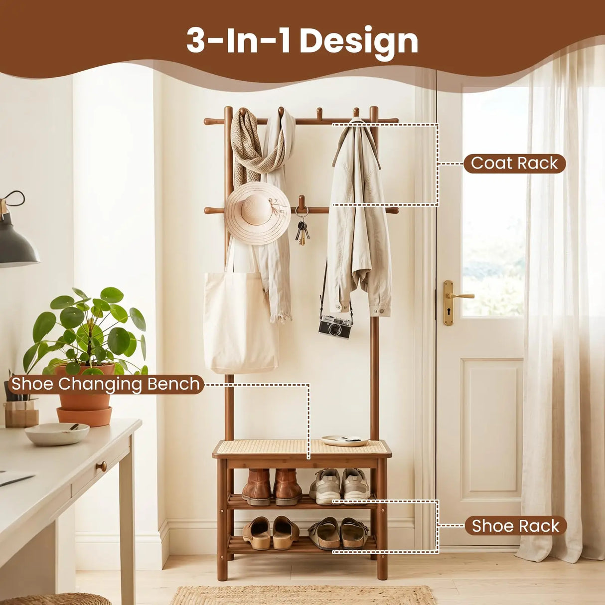 3-In-1 Hall Tree With Bench And Shoe Storage Bamboo Coat Rack Freestanding PE Rattan Seat 11 Hooks 3-Tier Shoe Organizer