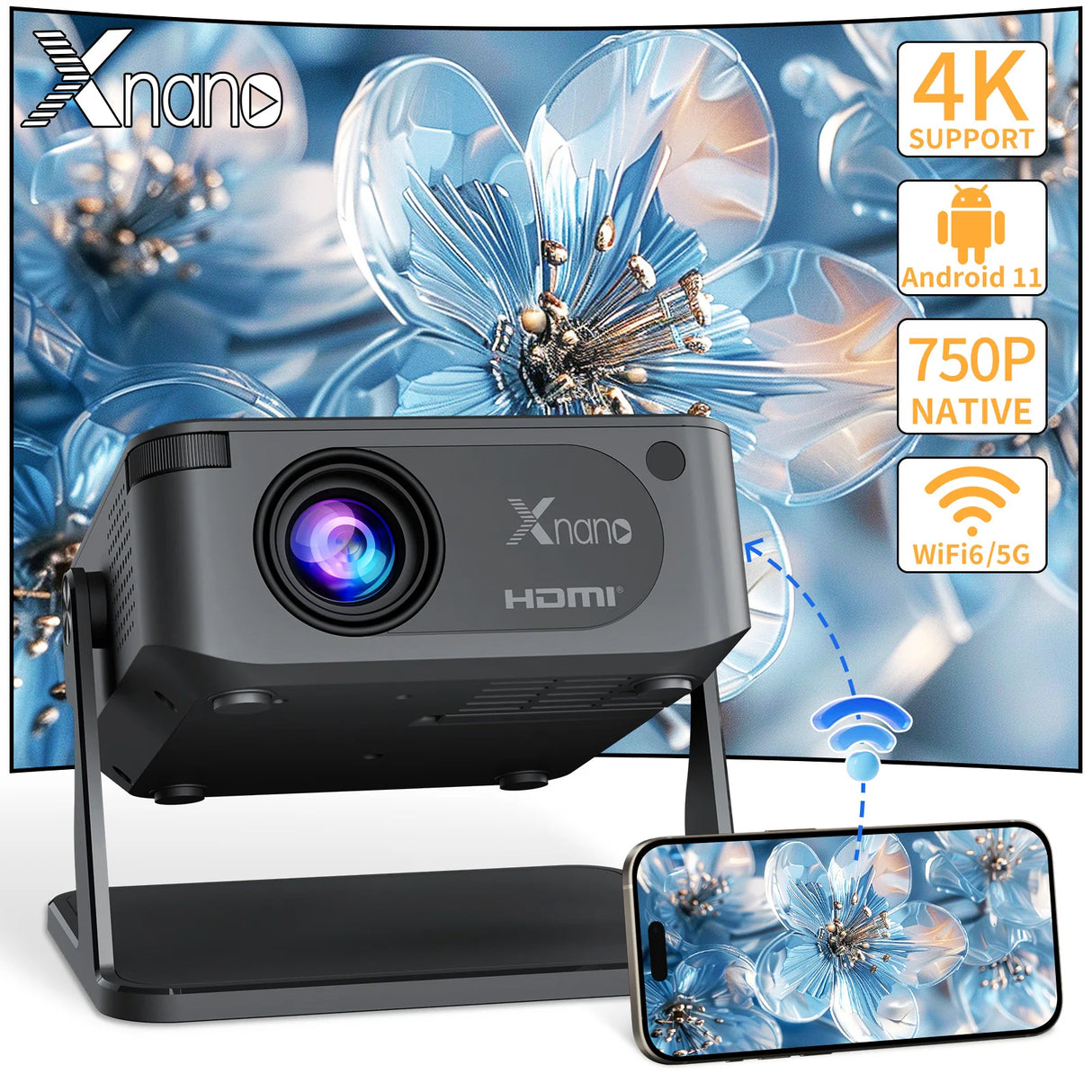 Mini Smart Projector with Native 720P Support 4K Decoding Dual WiFi 6 Wireless 5 Portable Cinema Projector for Home Theater