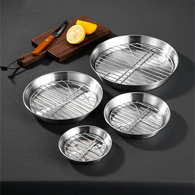 Stainless Steel Round Baking Tray with Grid Barbecue Pan Food Storage Plate