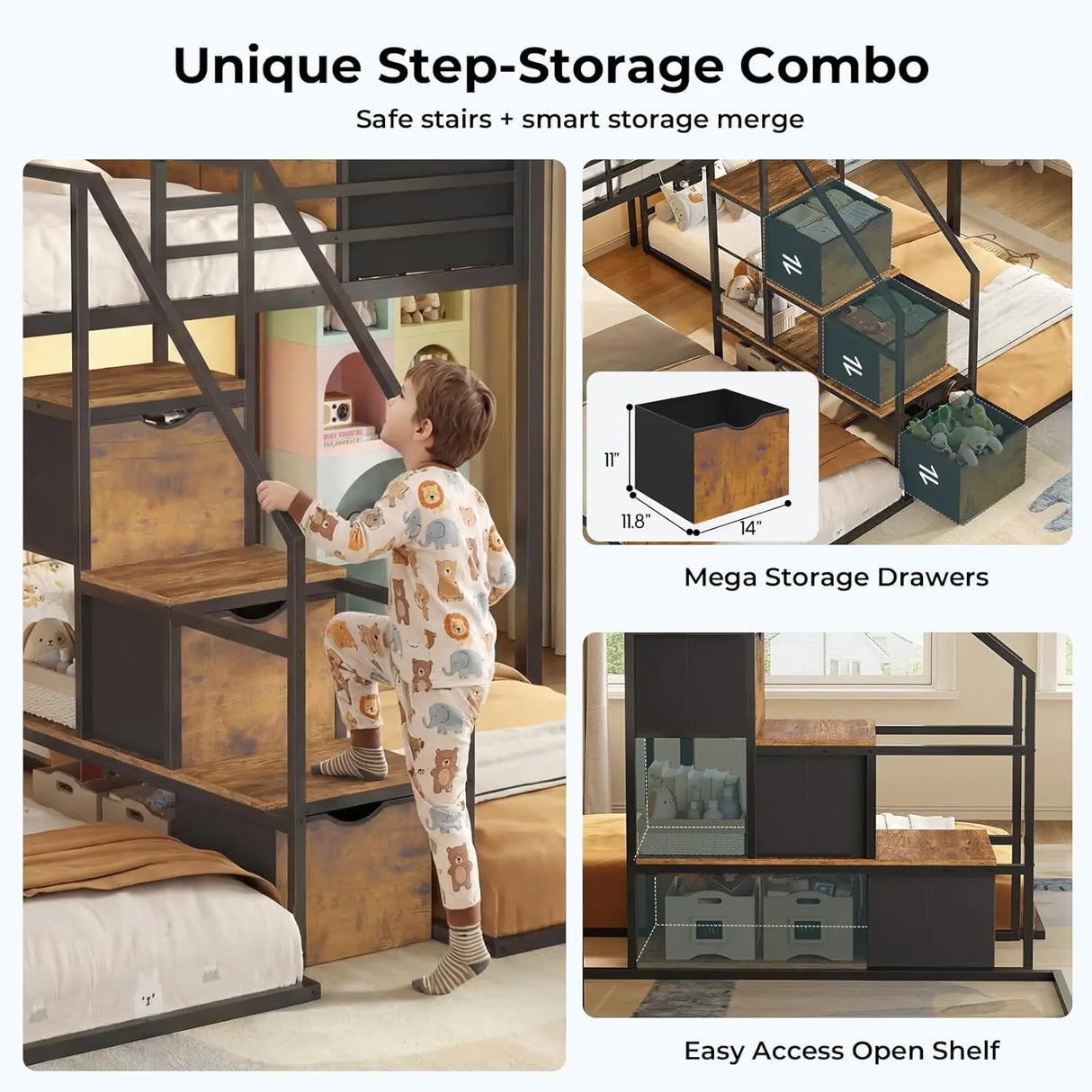 Triple Bunk Bed with Storage Staircase, RGB Lights & Charging Station, Twin Over Twin, Heavy Duty Metal 3 Bunk Beds, Customized
