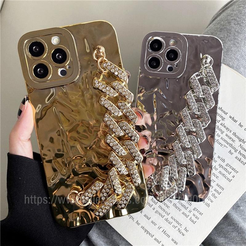 Luxury Gold Plating Electroplated Bracelet Cute Compatible with iPhone Diamond Case Luxury Sparkle Glitter Rhinestone Phone Case For iPhone 14 13 Promax 11 12 Pro Max Mini Xs Max XR 8 7 Plus Mirror Cover