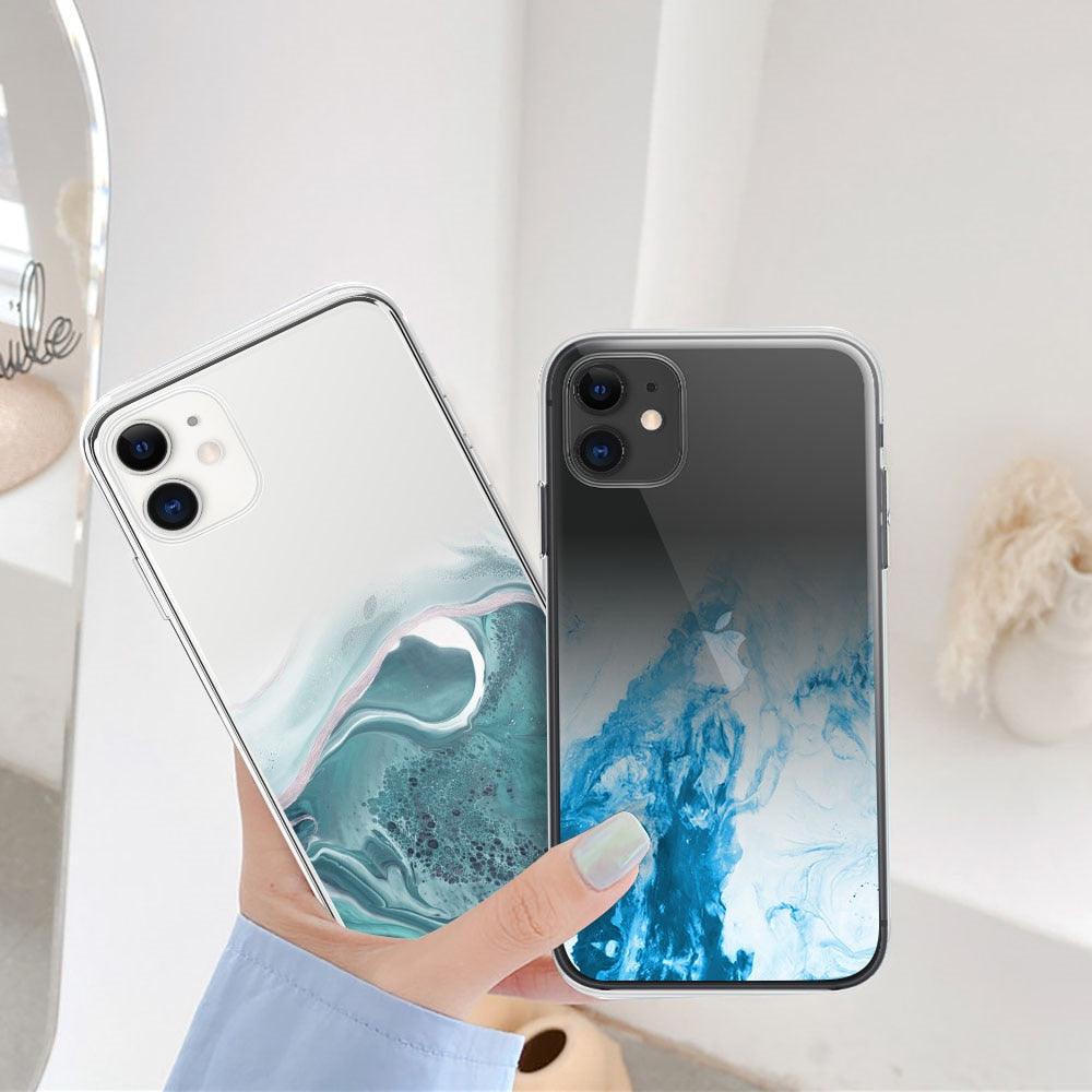 Luxury Marble Transparent Phone Case For iPhone 11 12 Pro XS Max X XR 7 8 Plus Soft Silicone Shockproof Cover Green Marble Design Gold Sparkly Glitter Protective Stylish Slim Thin Cute Case for Phone