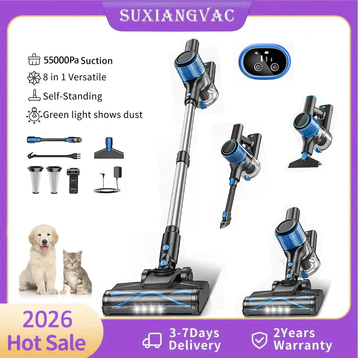 Cordless Vacuum Cleaner,55Kpa/45Mins/8 in 1 Powerful Suction,Self-Standing, 3 Suction Modes, Vacuum for Floor Carpet Pet Hair