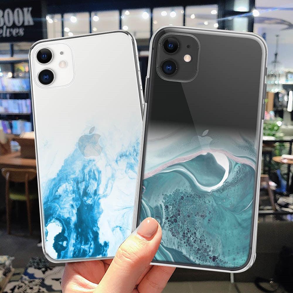 Luxury Marble Transparent Phone Case For iPhone 11 12 Pro XS Max X XR 7 8 Plus Soft Silicone Shockproof Cover Green Marble Design Gold Sparkly Glitter Protective Stylish Slim Thin Cute Case for Phone