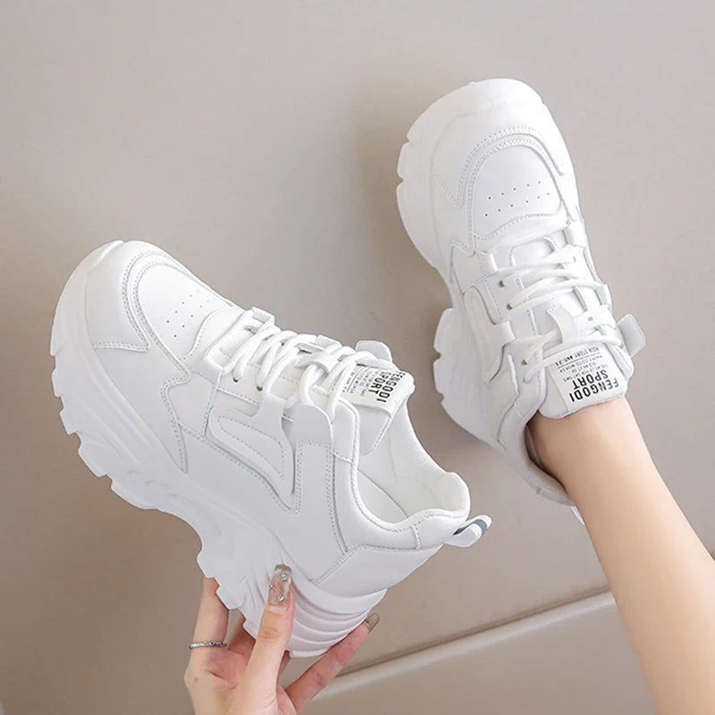Women's White Platform Sneakers Lace Up Thick Sole Breathable