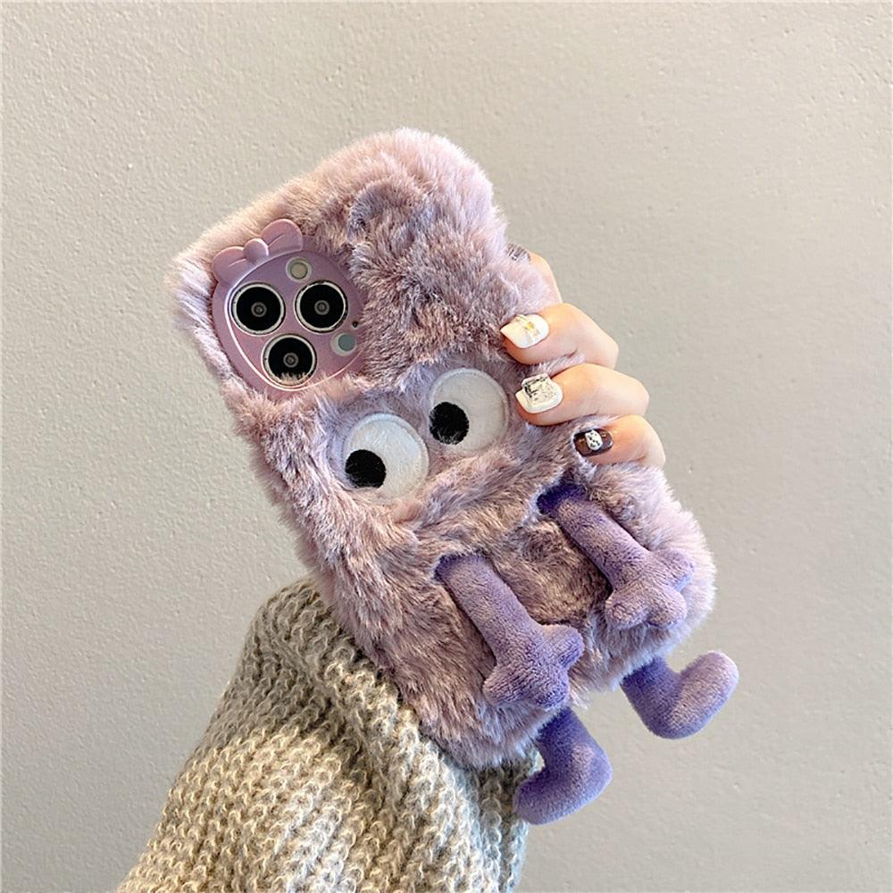 3D Cute Hairy Fluffy Fur Plush Winter Warm Phone Case For iPhone 14 13 12 11 Pro Max Plus Soft Cartoon Back Cover Cute Fuzzy Furry Case Fashion Luxury Case