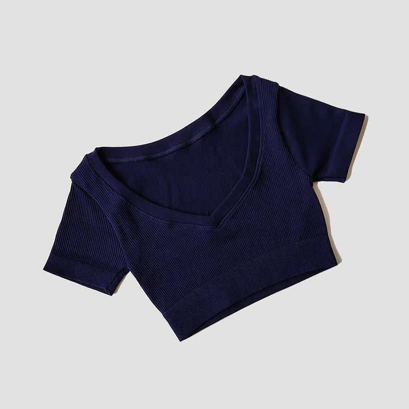 Seamless Yoga Shirts Deep V Neck Short Sleeve