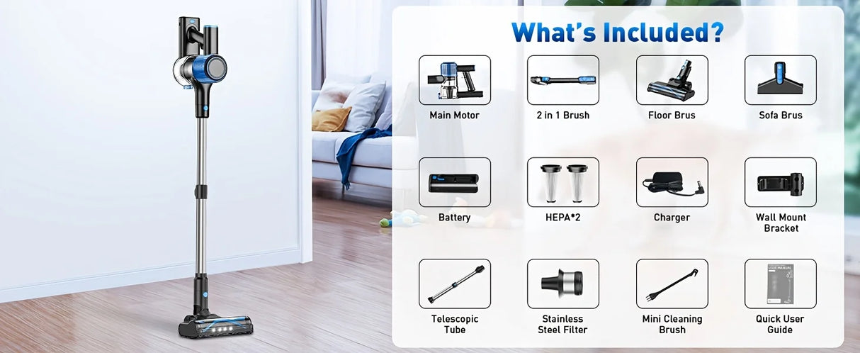Cordless Vacuum Cleaner,55Kpa/45Mins/8 in 1 Powerful Suction,Self-Standing, 3 Suction Modes, Vacuum for Floor Carpet Pet Hair