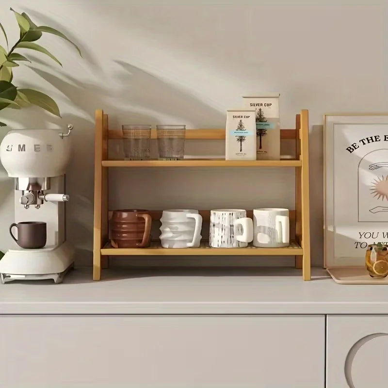 1-Piece (Small) 2-Tier Bamboo Organizer Rack – Multifunctional Storage Shelf for Kitchen, Office, or Bedroom | Arched Design, Bohemian-Style Wood Finish | Ideal for Displaying Coffee Mugs, Plants, Cosmetics, and Wine – Pr