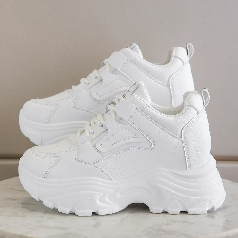 Women's White Platform Sneakers Lace Up Thick Sole Breathable