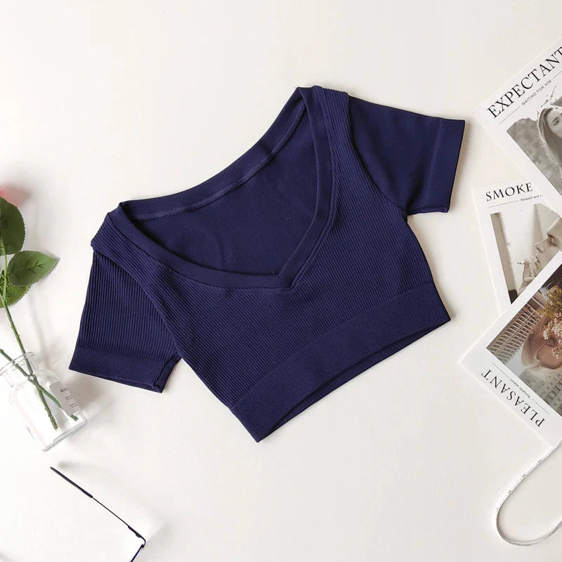 Seamless Yoga Shirts Deep V Neck Short Sleeve