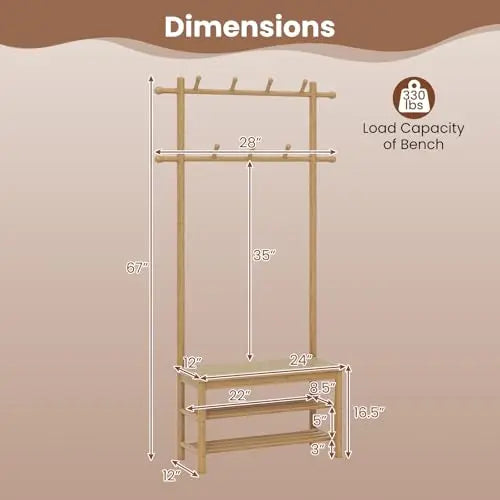 Natural Bamboo 3-in-1 Entryway Organizer: Freestanding Coat Rack With Bench, 11 Hooks, and 3-Tier Shoe Storage