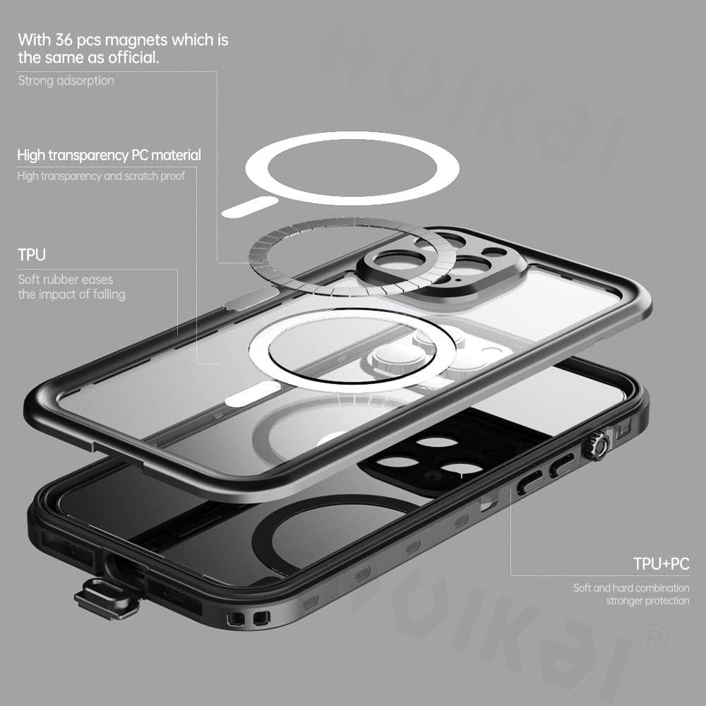 Waterproof Case For iPhone 14 Pro Max 14 Pro iPhone 13 Pro Max Protector Full Body Protective Dustproof Magnetic Phone Case Waterproof 360 Degree All-Round Protection with Built-in Screen Protector Outdoor Transparent Shockproof Case