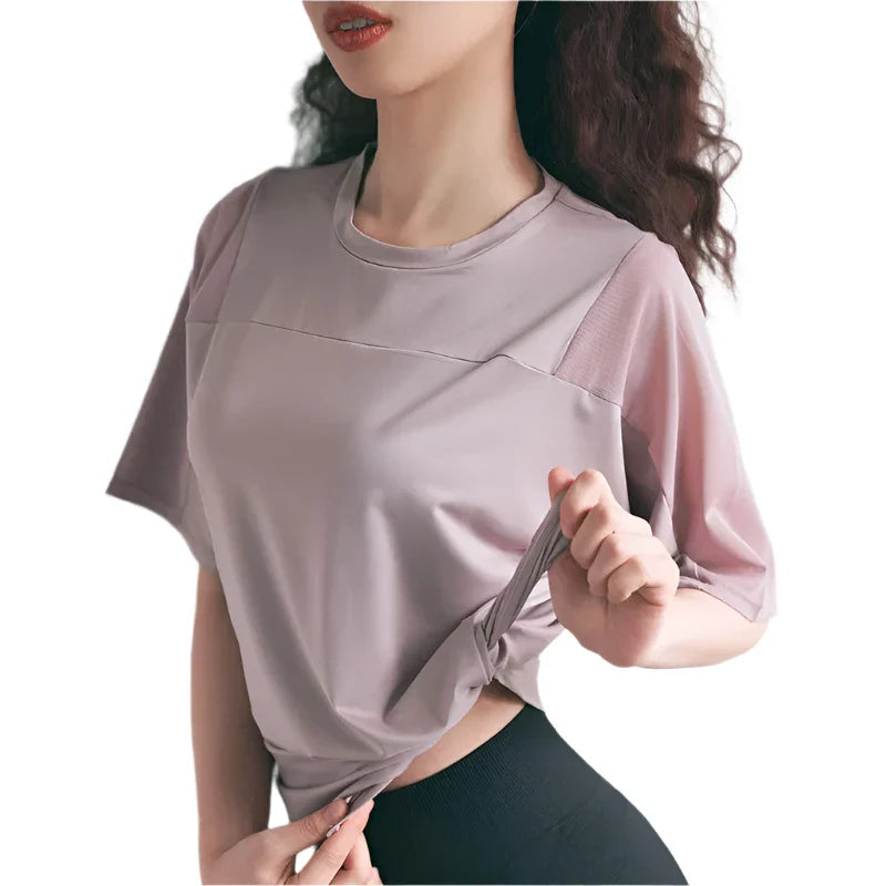 Mesh Stitching Yoga T Shirt Breathable Quick Dry Loose Fit
