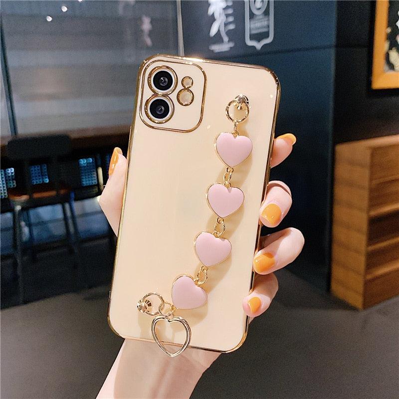 Luxury Women Silicone Phone Case Cover With Wrist Chain Bracelet for iPhone Wristband Bracelet Hand Holder Cover for iPhone 13 12 11 Pro Max plating Case Heart Chain Cases for iPhone 7 8 Plus XR XS Max X