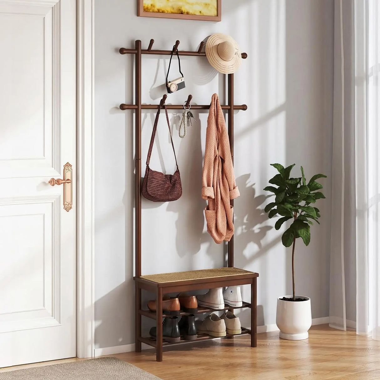 Natural Bamboo 3-in-1 Entryway Organizer: Freestanding Coat Rack With Bench, 11 Hooks, and 3-Tier Shoe Storage