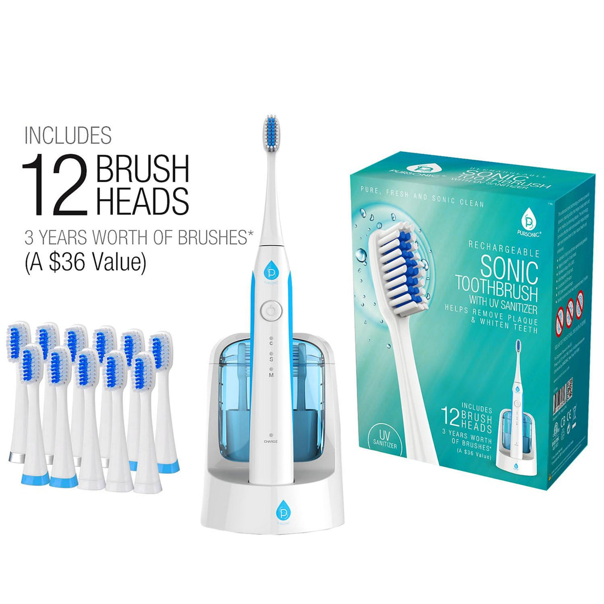 Complete Oral Care Bundle – UV Sonic Toothbrush W 12 Brush Heads, Ultrasonic UV-C Cleaner Pod & Rechargeable Water Flosser