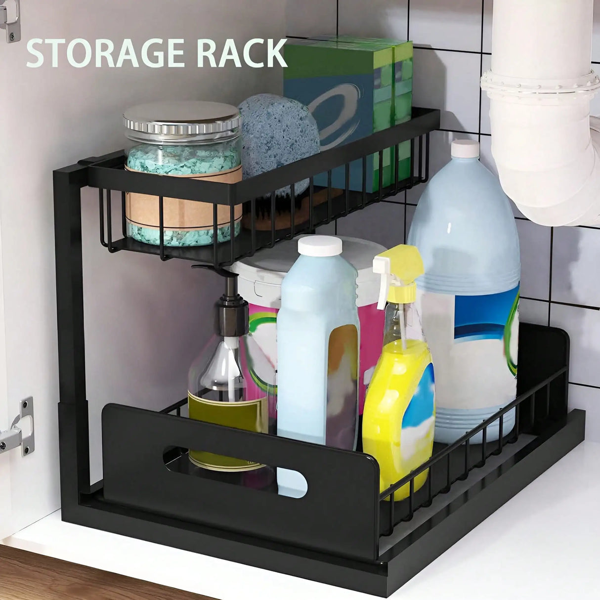 Under Sink Organizer Rack 2 Tier Under Sliding Cabinet Basket Organizer Drawer , Multi-Purpose Under Sink Storage For Bathroom Kitchen Desktop (Black)