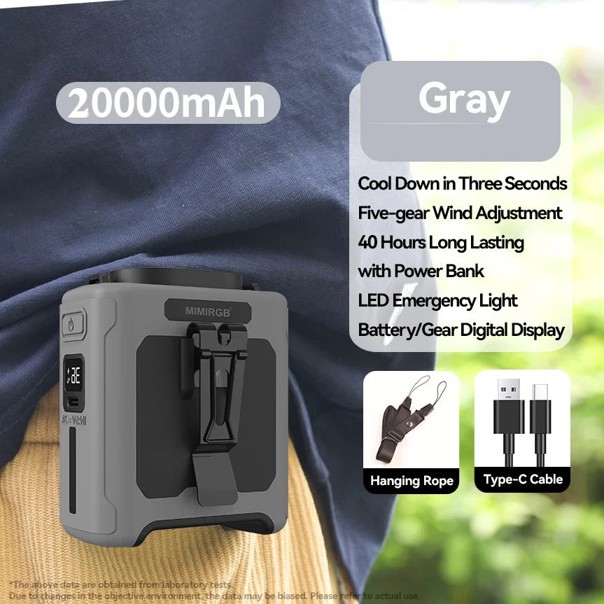 Portable Waist Fan 20000mAh Outdoor Hanging Neck Fan Rechargeable Strong Wind Waist Clip Camping Fan with Power Bank Lighting