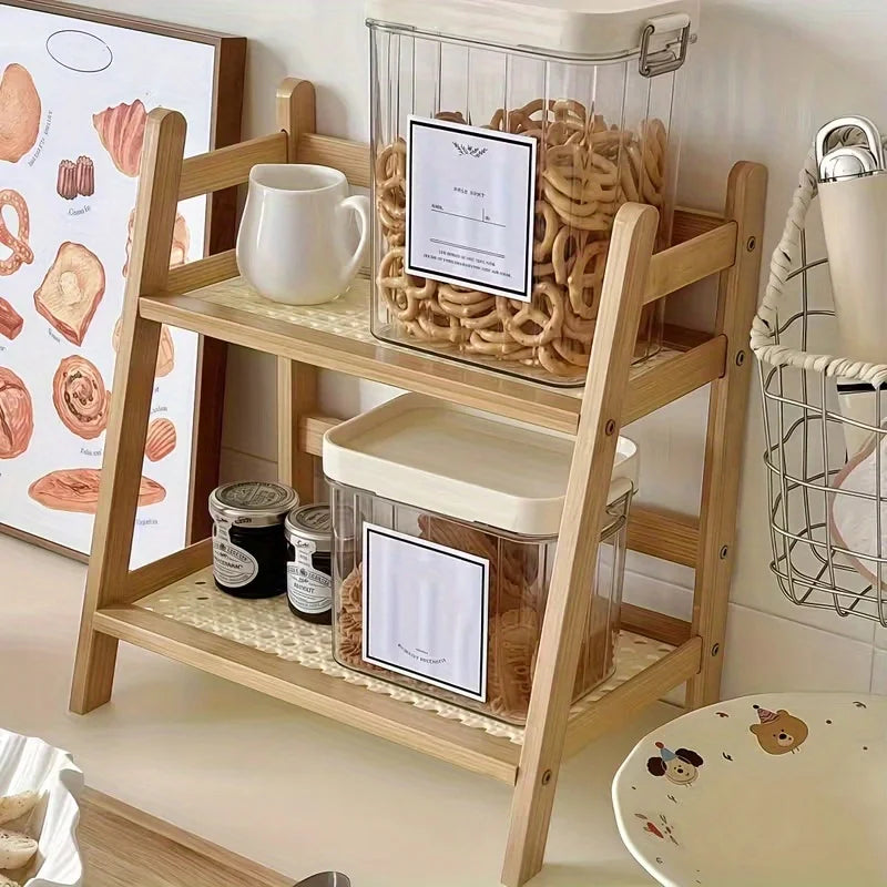 1-Piece (Small) 2-Tier Bamboo Organizer Rack – Multifunctional Storage Shelf for Kitchen, Office, or Bedroom | Arched Design, Bohemian-Style Wood Finish | Ideal for Displaying Coffee Mugs, Plants, Cosmetics, and Wine – Pr