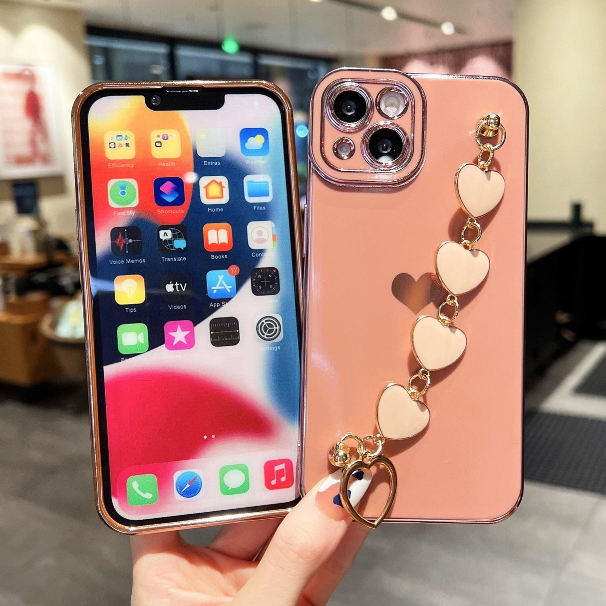 Luxury Love Heart Elegant Sparkle Case With Chain Bracelet Strap Soft Protective Bumper Cover Compatible with iPhone Bracelet soft case for iPhone 12 Pro Max 11 pro max X XS XR 7 8 Plus Stylish Phone Cover