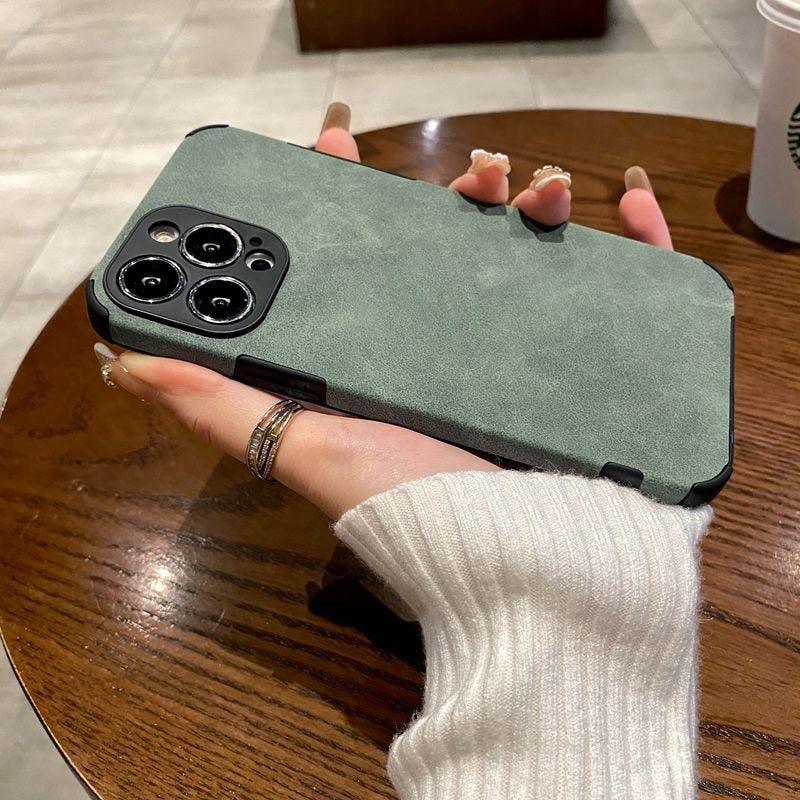 Vintage Green PU Leather Case For iPhone 13 12 11 Pro Max Mini XR XS X 7 8 Plus Luxury Silicon Bumper Shockproof Soft Cover Ultra Thin Slim Leather Case Anti-Scratch Hard Back Cover for iPhone