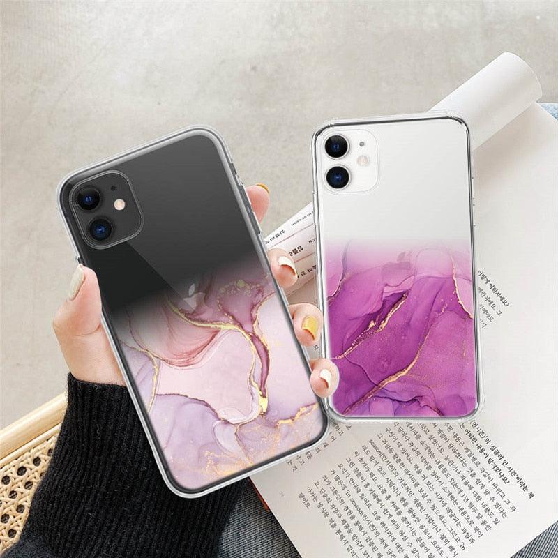 Luxury Marble Transparent Phone Case For iPhone 11 12 Pro XS Max X XR 7 8 Plus Soft Silicone Shockproof Cover Green Marble Design Gold Sparkly Glitter Protective Stylish Slim Thin Cute Case for Phone