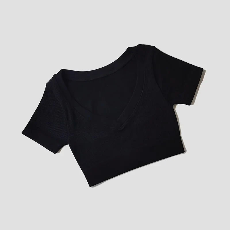 Seamless Yoga Shirts Deep V Neck Short Sleeve