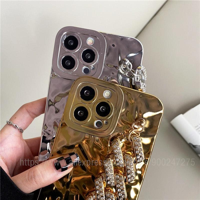 Luxury Gold Plating Electroplated Bracelet Cute Compatible with iPhone Diamond Case Luxury Sparkle Glitter Rhinestone Phone Case For iPhone 14 13 Promax 11 12 Pro Max Mini Xs Max XR 8 7 Plus Mirror Cover