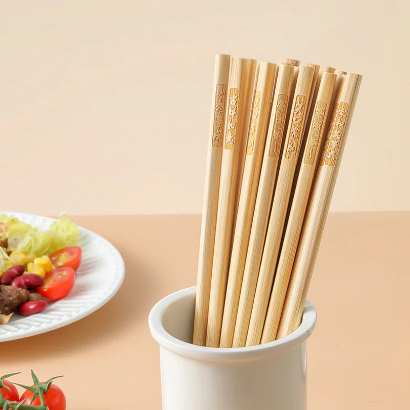 Bamboo Chopsticks Set Chinese Blessing Engraved Solid Wood Lacquerless Waxless Original Wood Moldproof Anti-slip Tableware