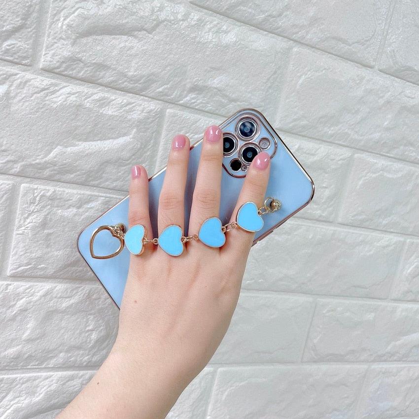 Luxury Women Silicone Phone Case Cover With Wrist Chain Bracelet for iPhone Wristband Bracelet Hand Holder Cover for iPhone 13 12 11 Pro Max plating Case Heart Chain Cases for iPhone 7 8 Plus XR XS Max X