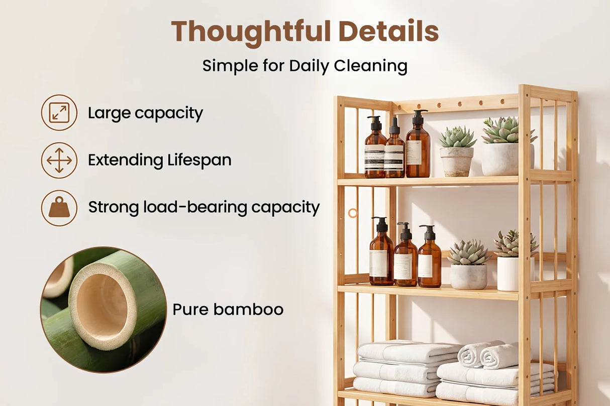 Bamboo Bookshelf with Adjustable Shelves, Narrow 4 or 5 Tier Wooden Bookcase, Natural Storage Shelf Organizer for Small Spaces, Bedroom, Living Room, Home Office, Standing Shelf