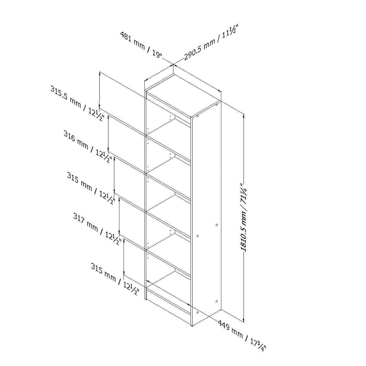 5-Shelf Narrow Bookcase Black Finish