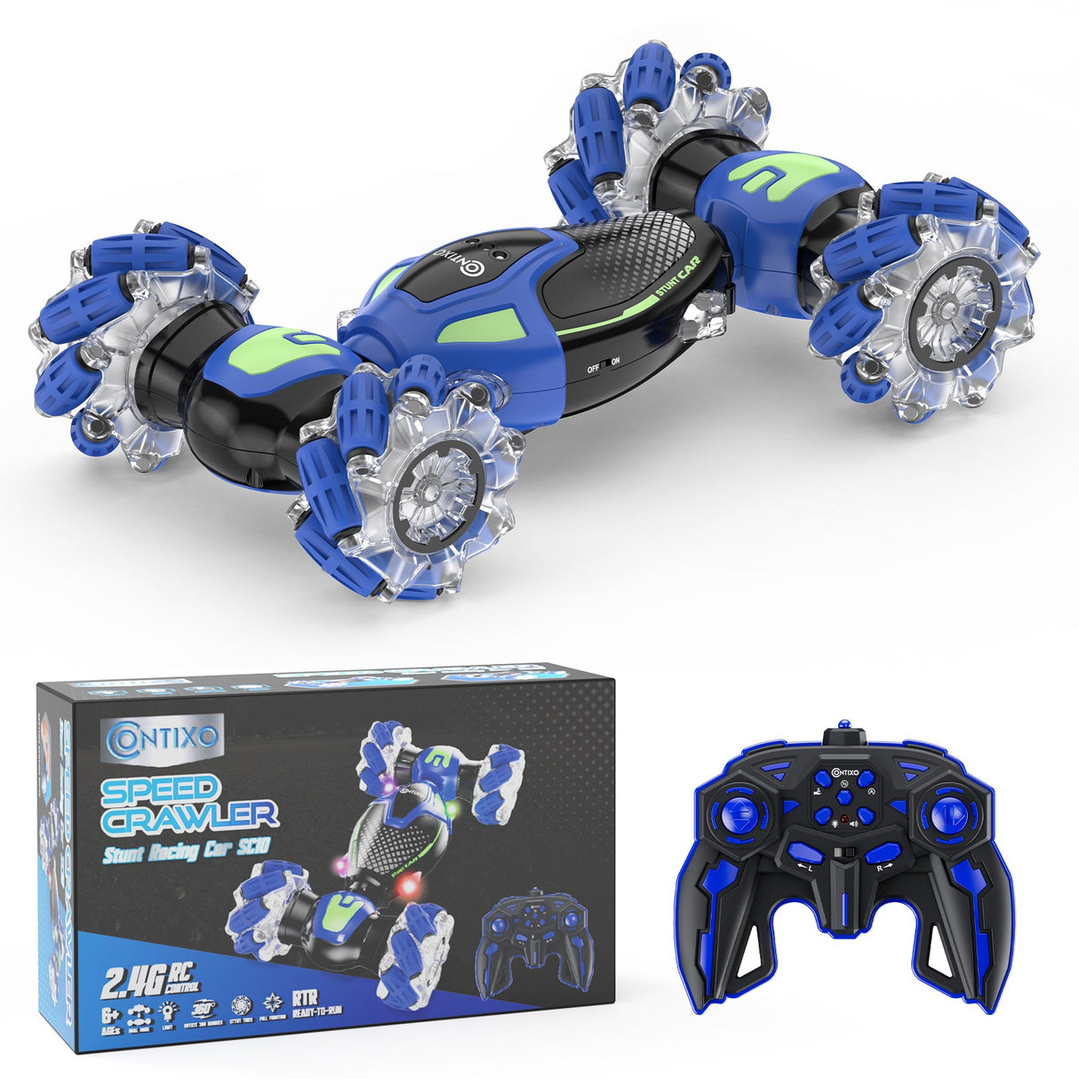 Contixo SC10 Cobra Speed Crawler RC Stunt Car - 4WD With Remote & Gesture Control, Blue
