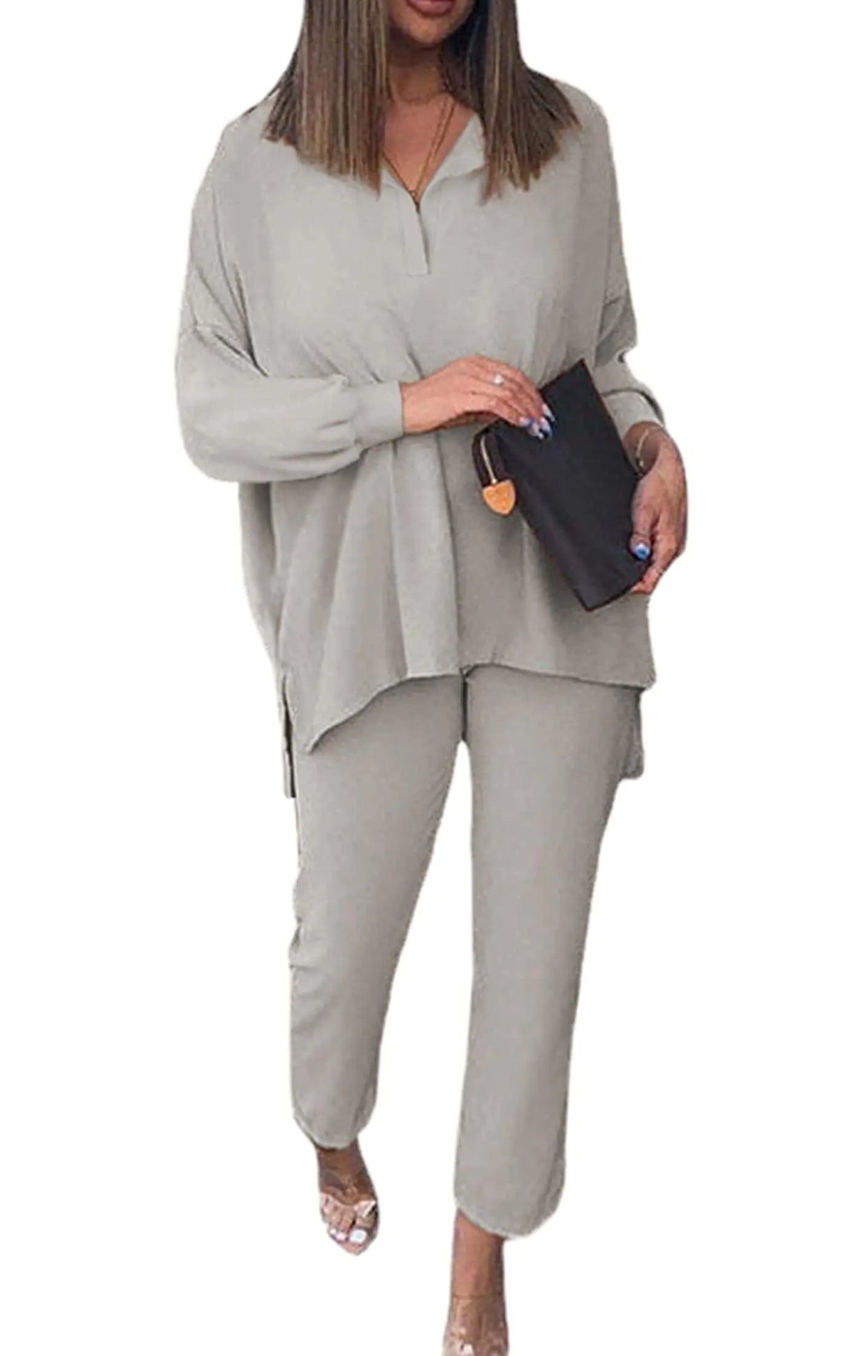 AGSEEM Fall Outfits Sweat Suit for Women 2 Piece Set Lounge Jogging Set Light Grey L