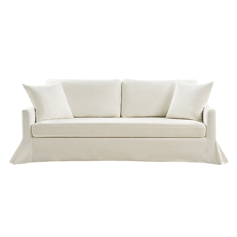 Introducing the Torsten Modern Comfortable Sofa, a white three-seater designed with two large back cushions and two smaller side cushions. Its floor-length tailored skirt adds a touch of elegance and sophistication to any space.