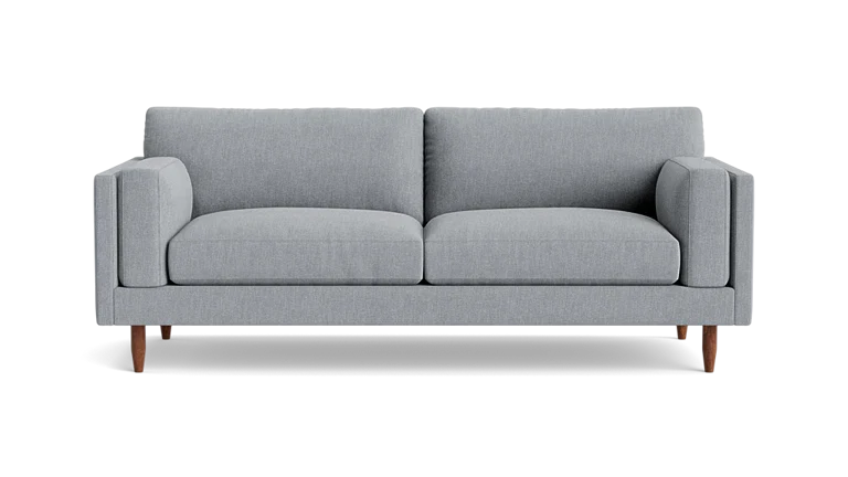 Discover the Skinny Fat 85" Sofa Standard Depth, a contemporary piece in light gray that features two seat cushions and two backrest cushions. With its straight, simple armrests and wooden legs, this sofa embodies a minimalist design. The transparent background accentuates its sleek appearance.