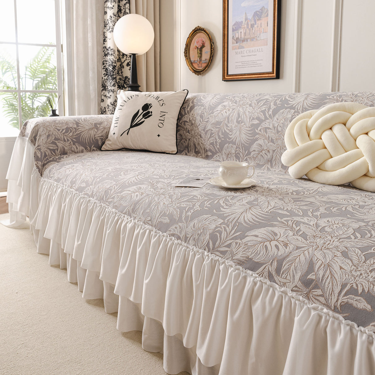 French Chic Style Ruffle Floral Cover Throws for Sofas, Decorative Couch Covers