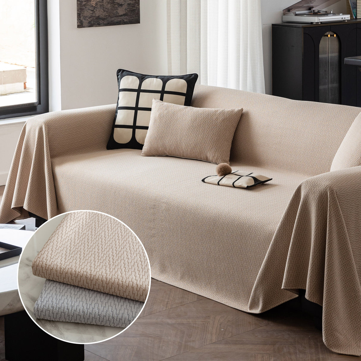 Herringbone Textured Sofa Throw Blanket, Durable Pet Friendly Modern Couch Slipcover
