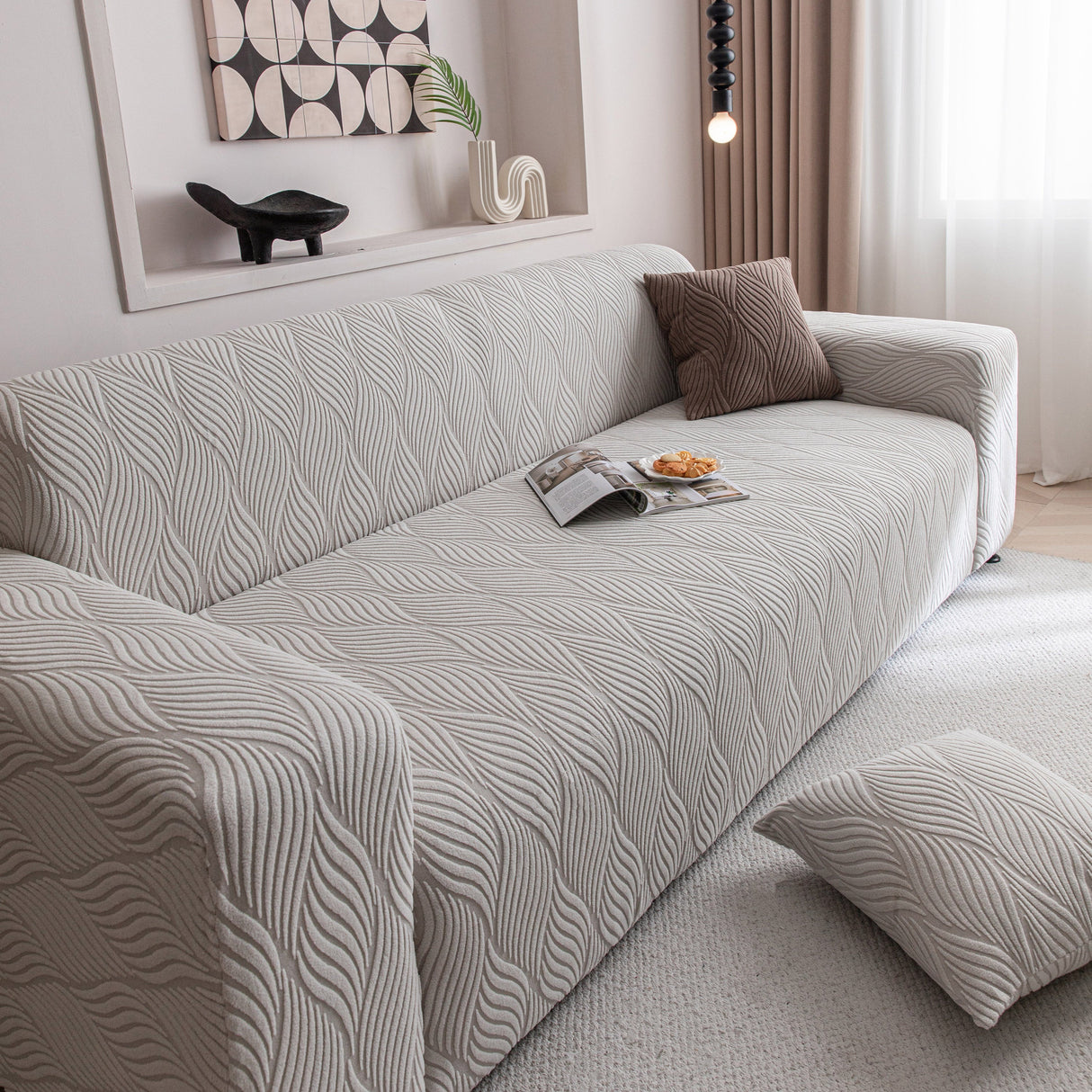 Modern Wavy Jacquard Sofa Slipcover, High Stretch Sofa Cover with 3D Organic Texture