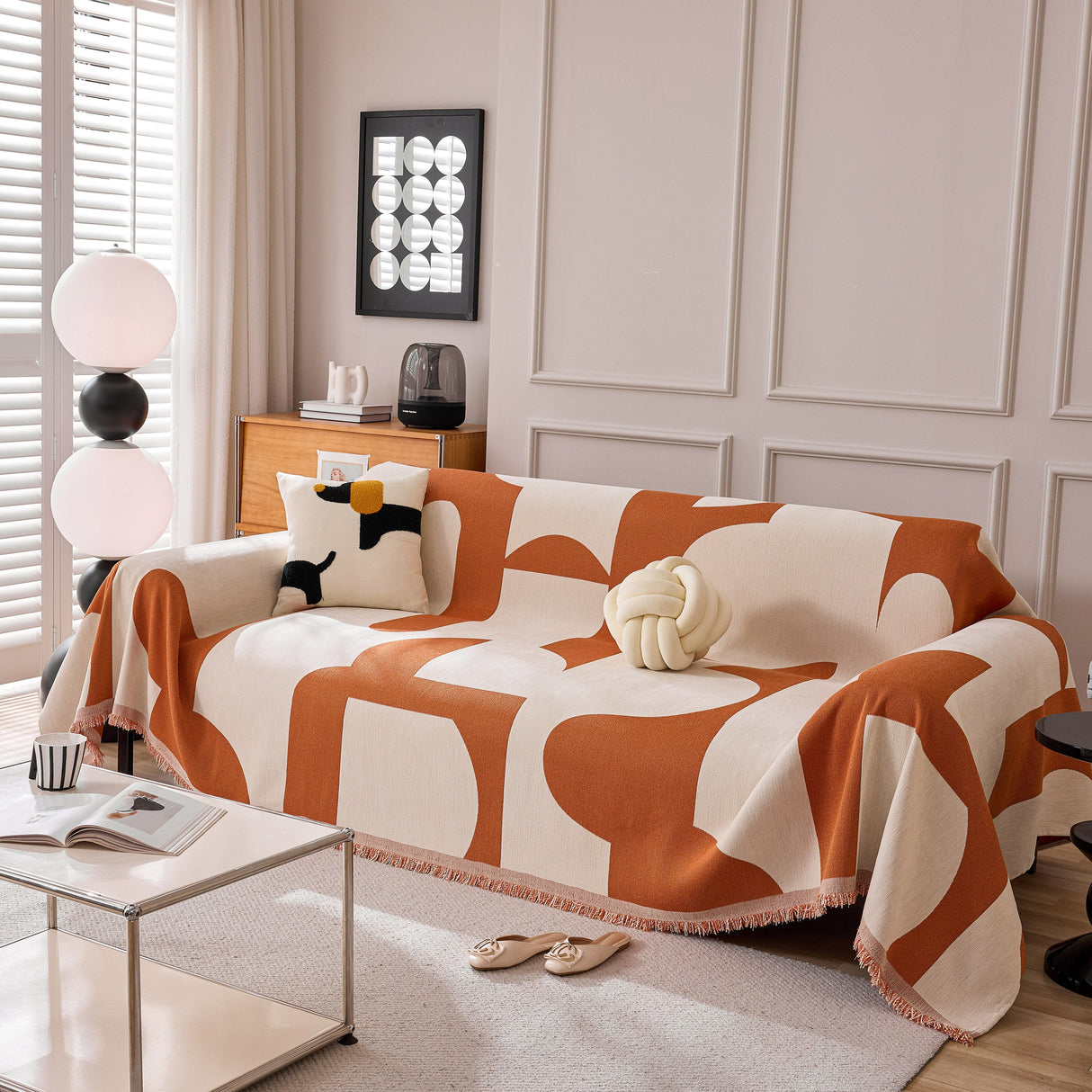 Modern Abstract Chenille Sofa Cover, Large Soft Throw Blanket with Tassels for Couch