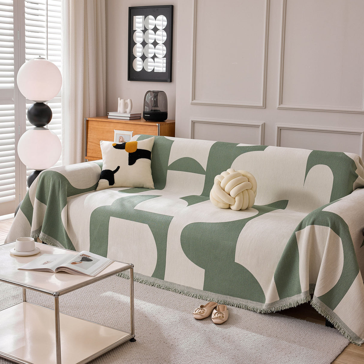 Modern Abstract Chenille Sofa Cover, Large Soft Throw Blanket with Tassels for Couch