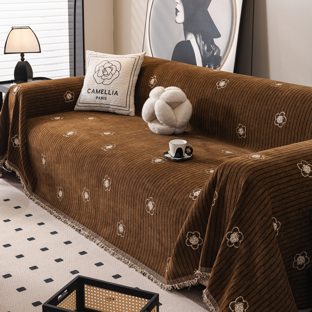 Chenille Camellia Floral Sofa Throw Cover Couch Blanket with Striped Jacquard