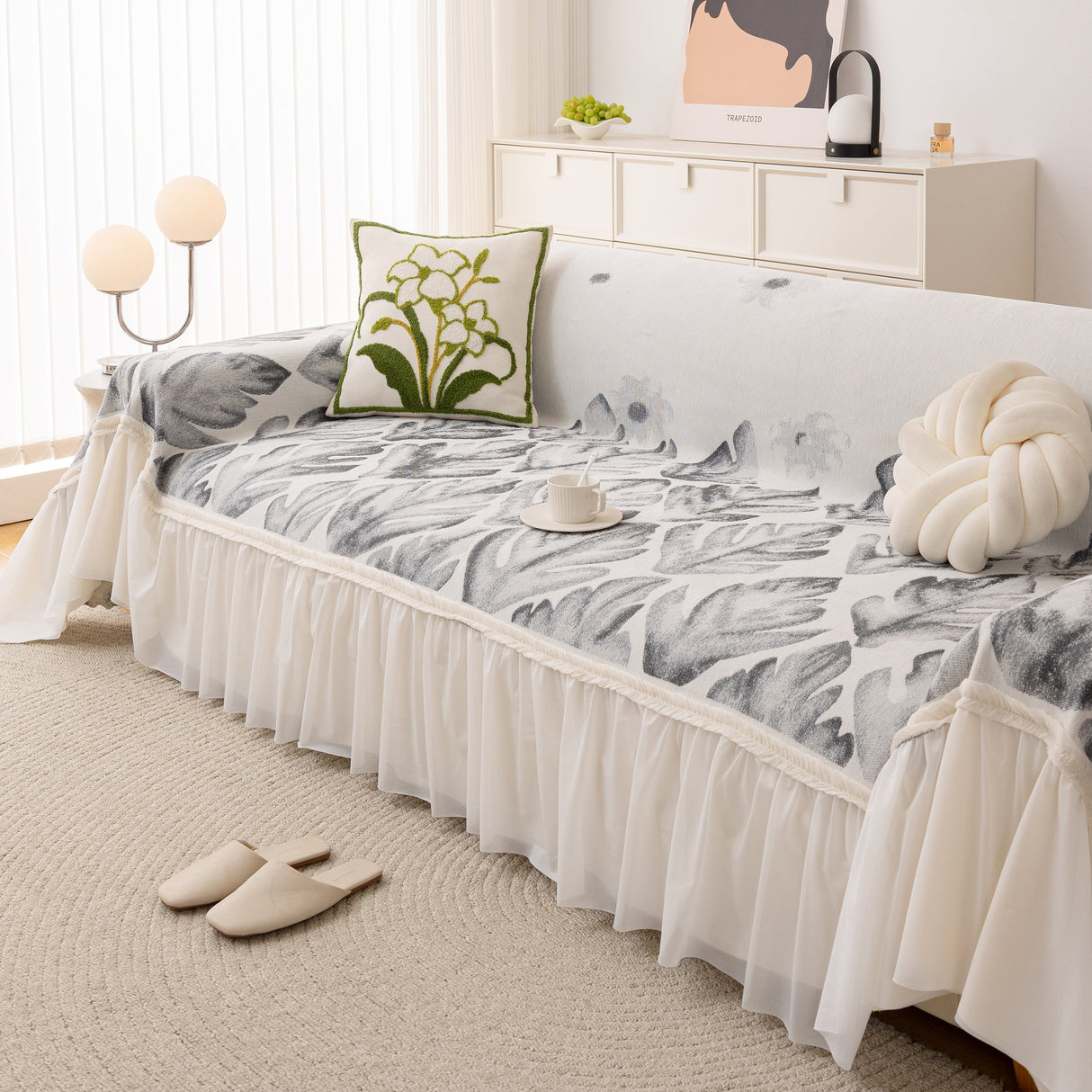 Botanical Sofa Cover with Chiffon Skirt, Floral Couch Throw Blanket for All-Season