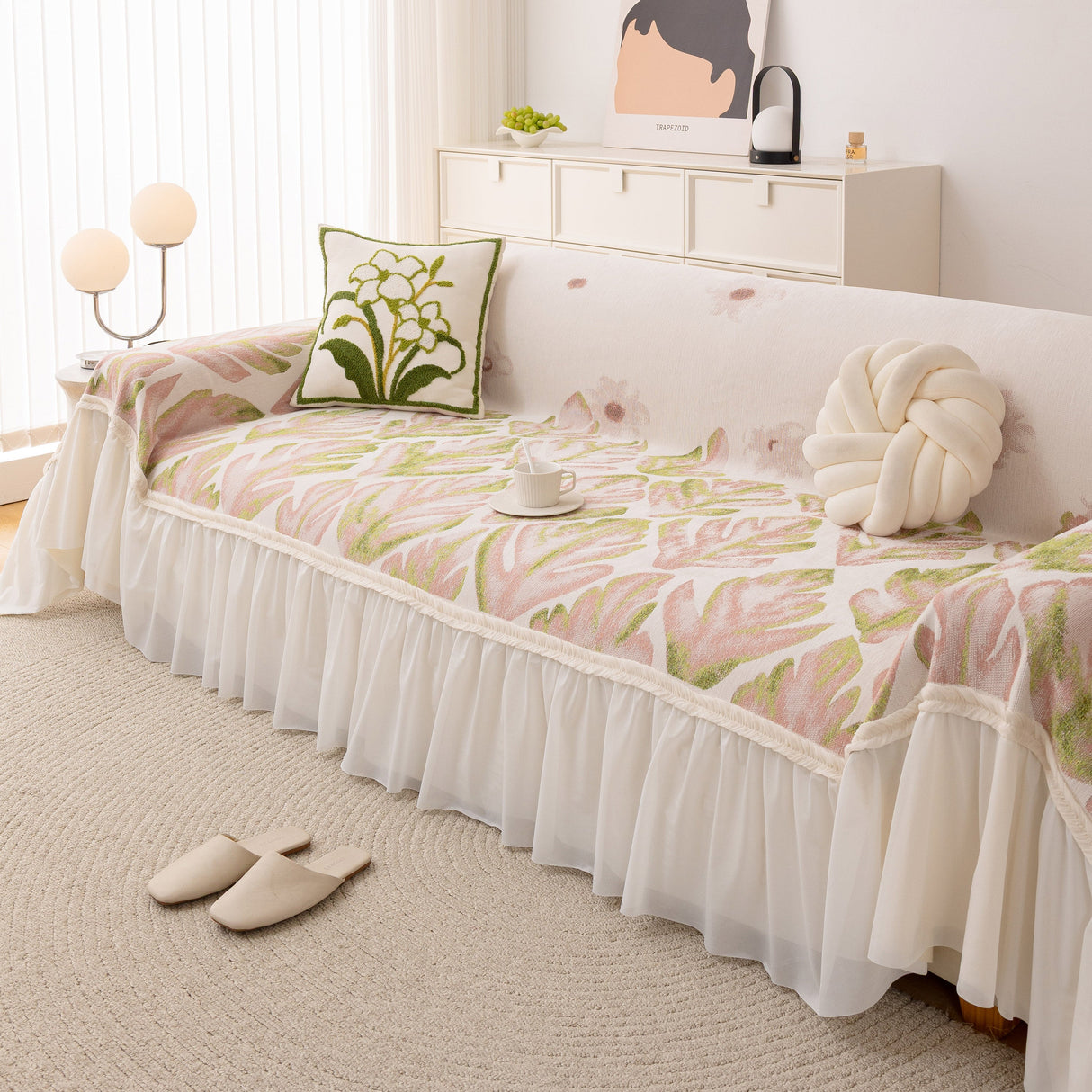 Botanical Sofa Cover with Chiffon Skirt, Floral Couch Throw Blanket for All-Season