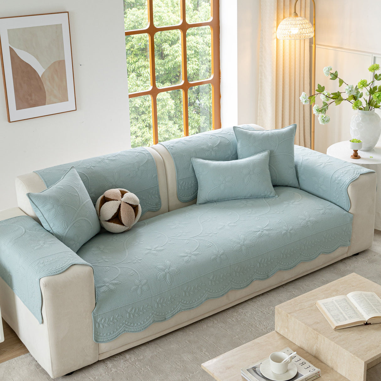 Floral Cotton Quilted Sofa Cover, Non-Slip Couch Protector with Scalloped Edges