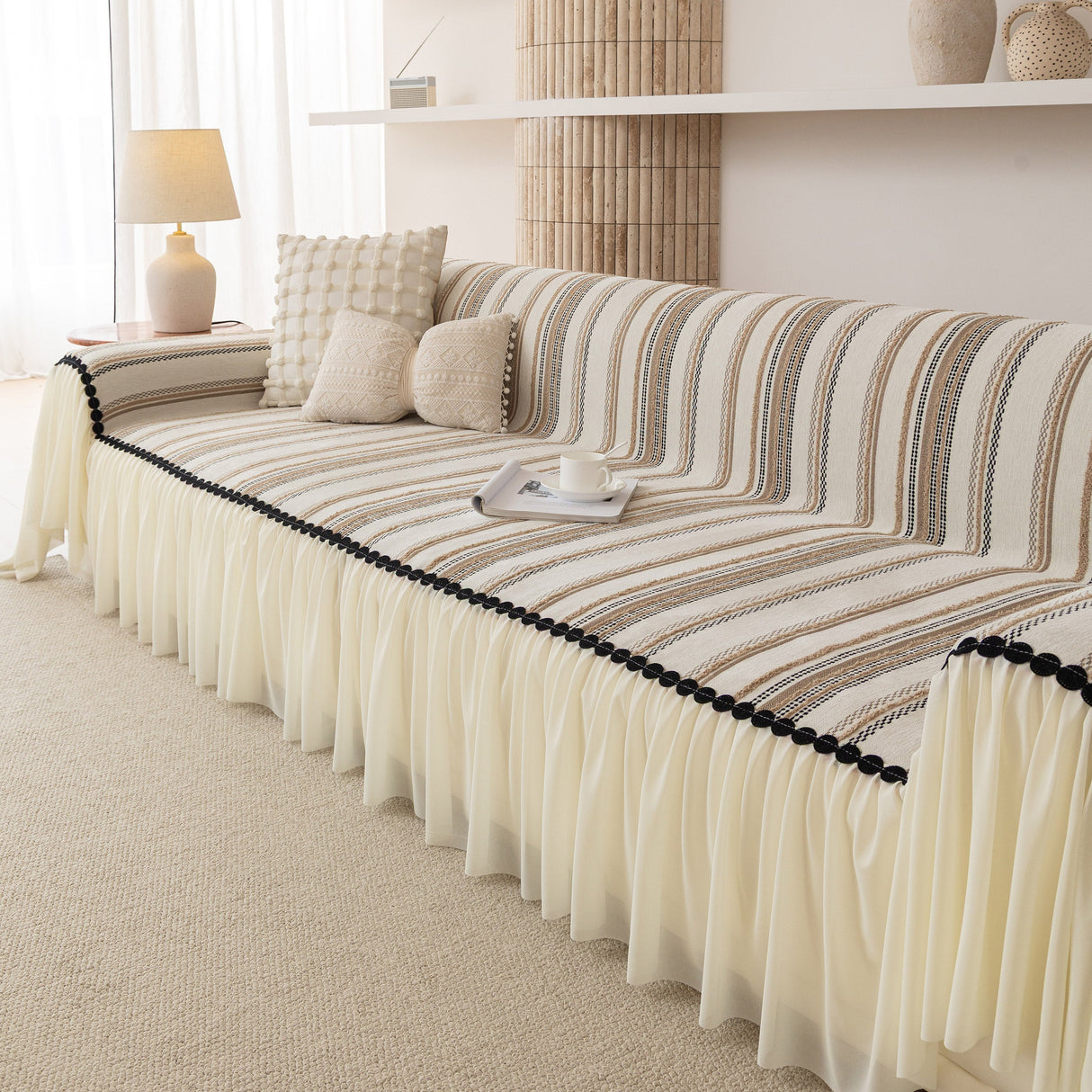 Boho Striped Couch Cover with Sheer Ruffle Skirt, Decorative Couch Throw Blanket