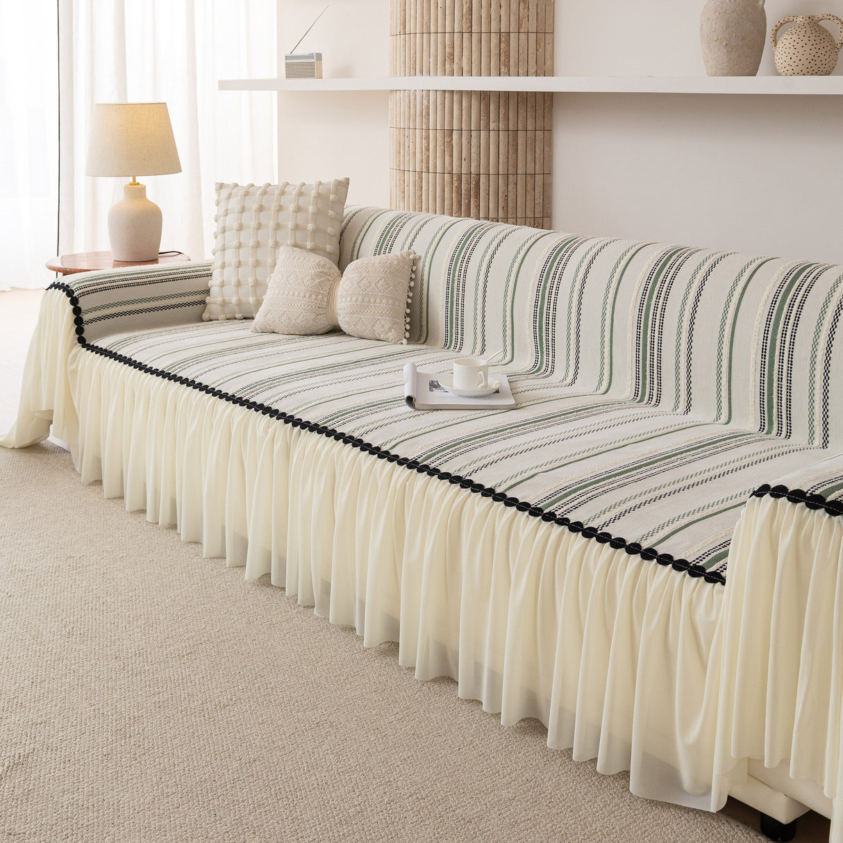 Boho Striped Couch Cover with Sheer Ruffle Skirt, Decorative Couch Throw Blanket